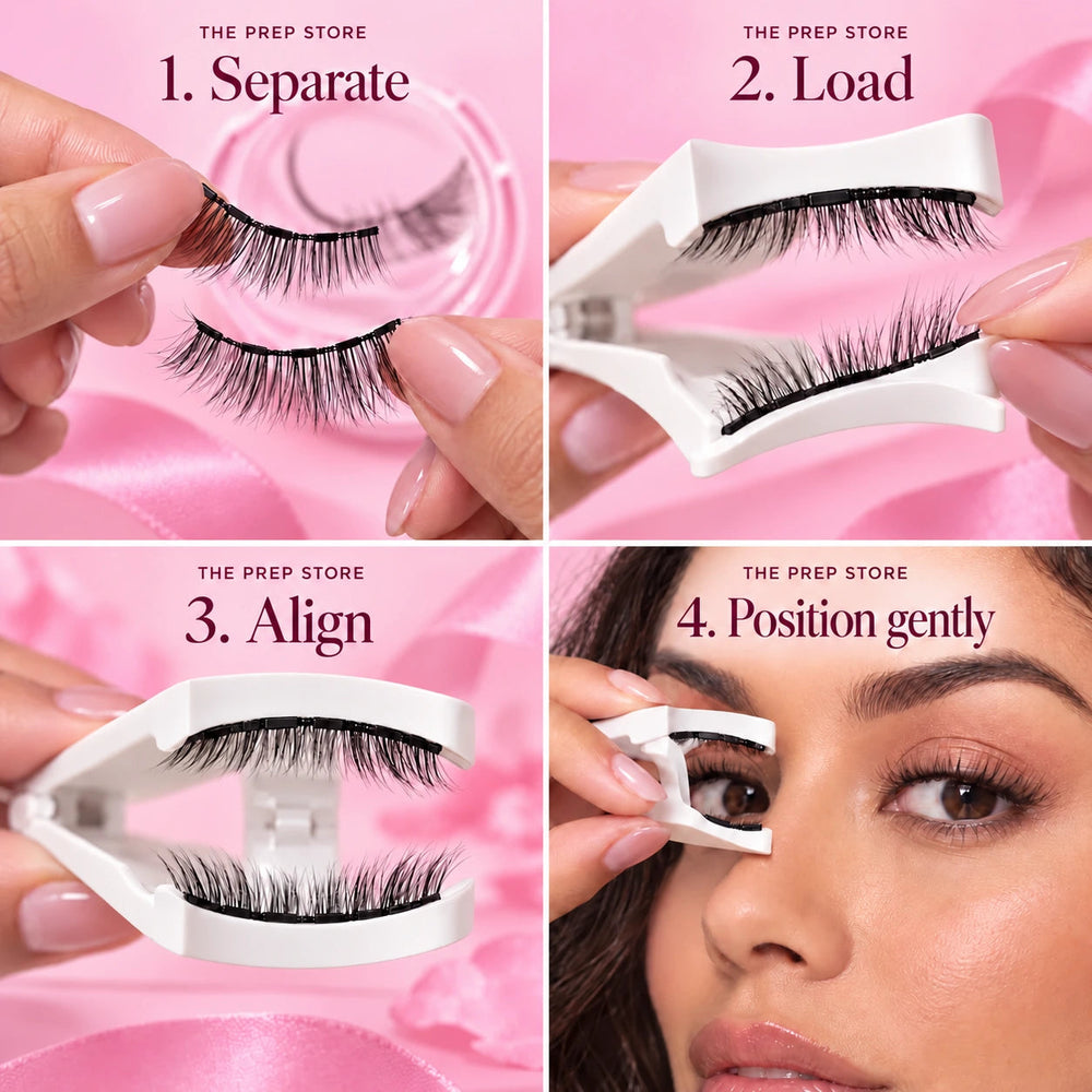 Four illustrated steps for preparing and positioning the magnetic lash strips with the shaped applicator.