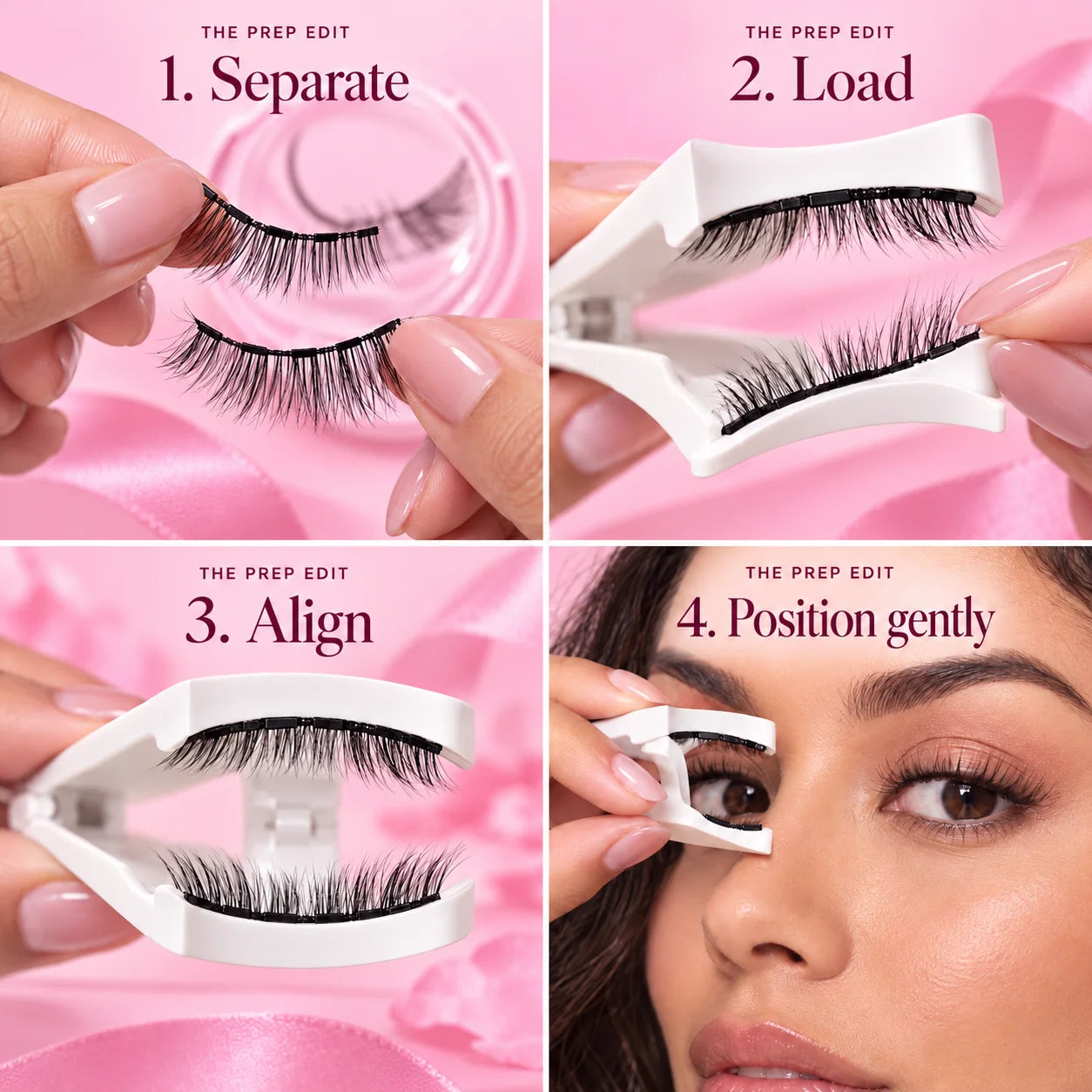 Four reference-based application illustrations showing separation, loading, alignment and gentle positioning with the white applicator.