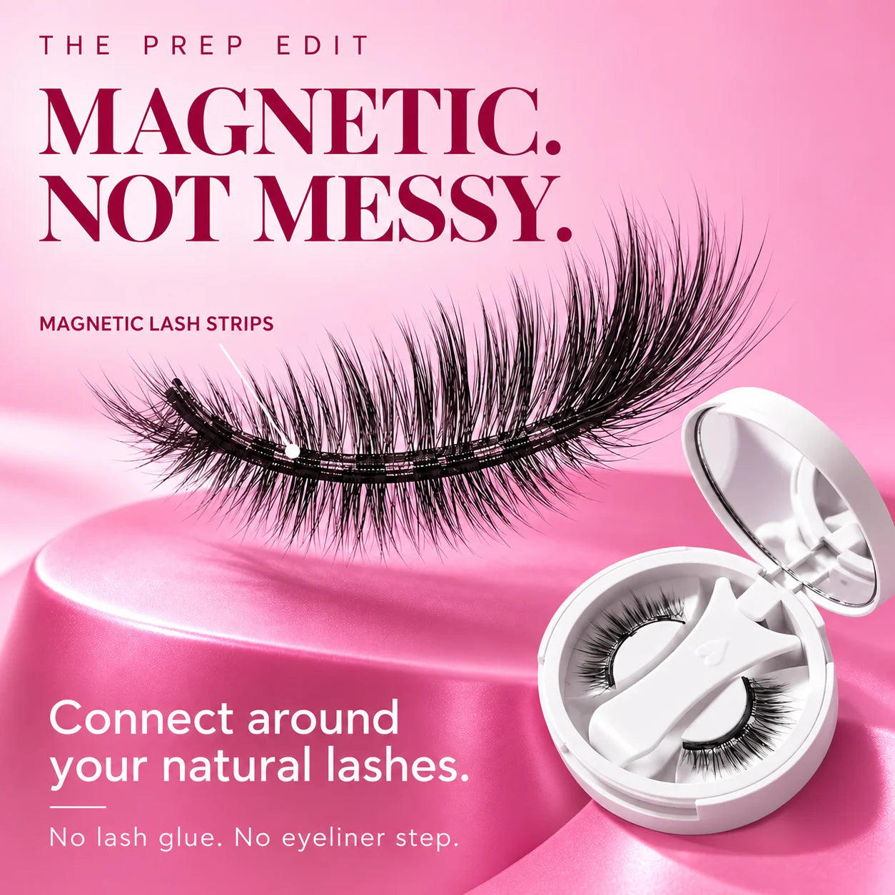 Magnified magnetic lash strip illustration with white compact on a pink background.