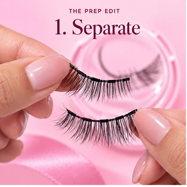 Reference-based instruction illustration showing hands separating the upper and lower magnetic lash strips