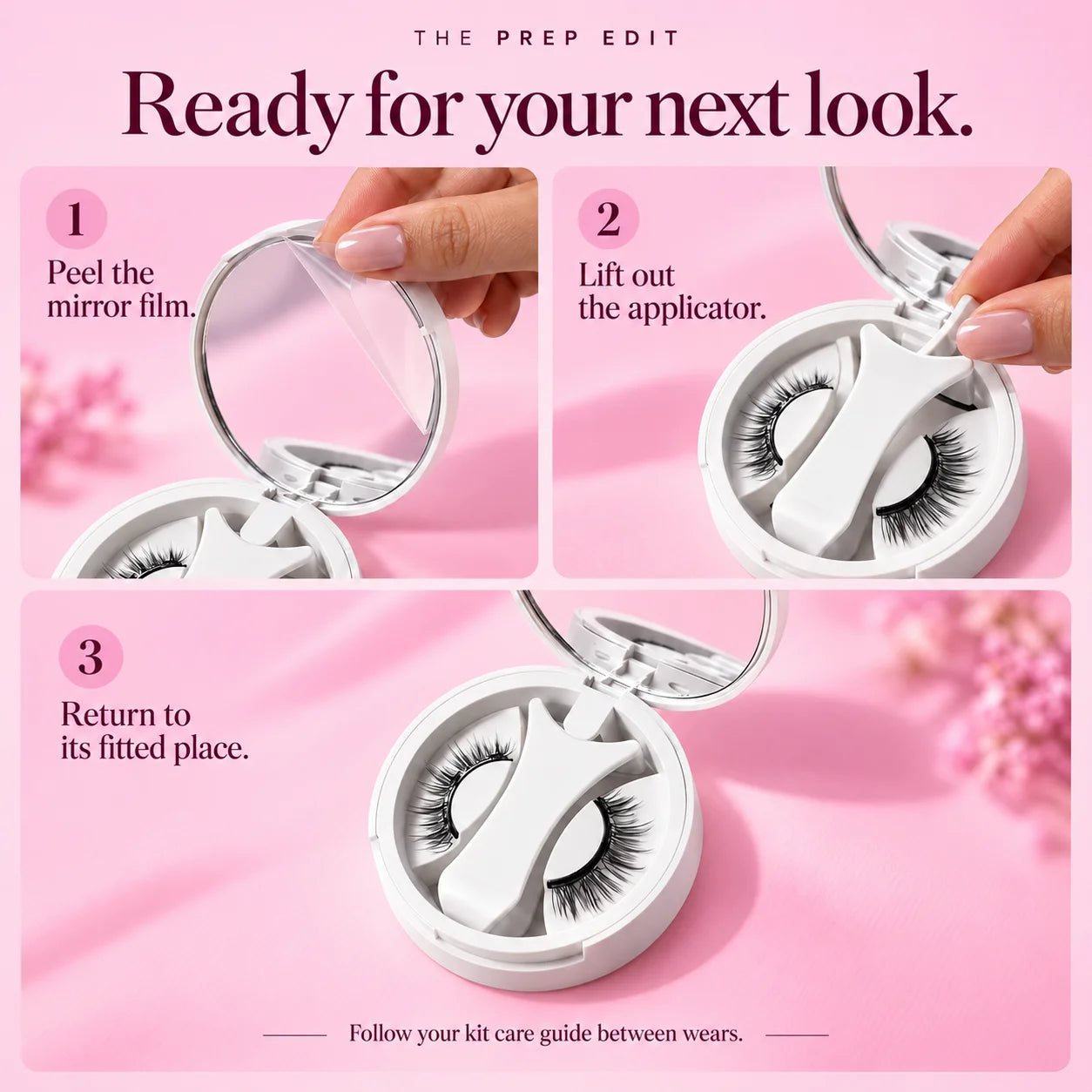 First-use guide showing the mirror film, removable white applicator and its place inside the compact.