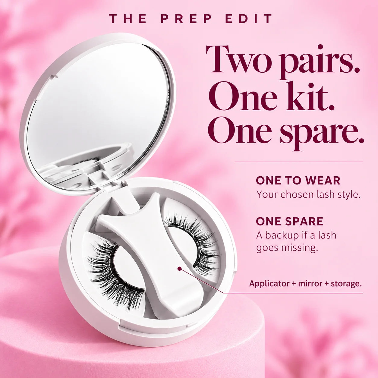 The Prep Edit infographic: two pairs in every kit, one to wear and one spare, with the reference-based white compact, mirror and applicator.
