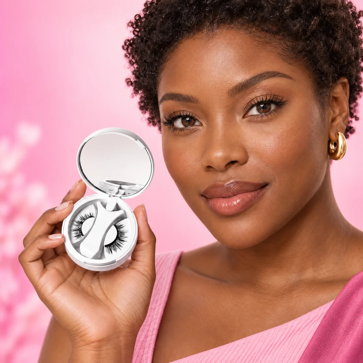 Campaign model holding a white magnetic lash compact. Styling illustration.